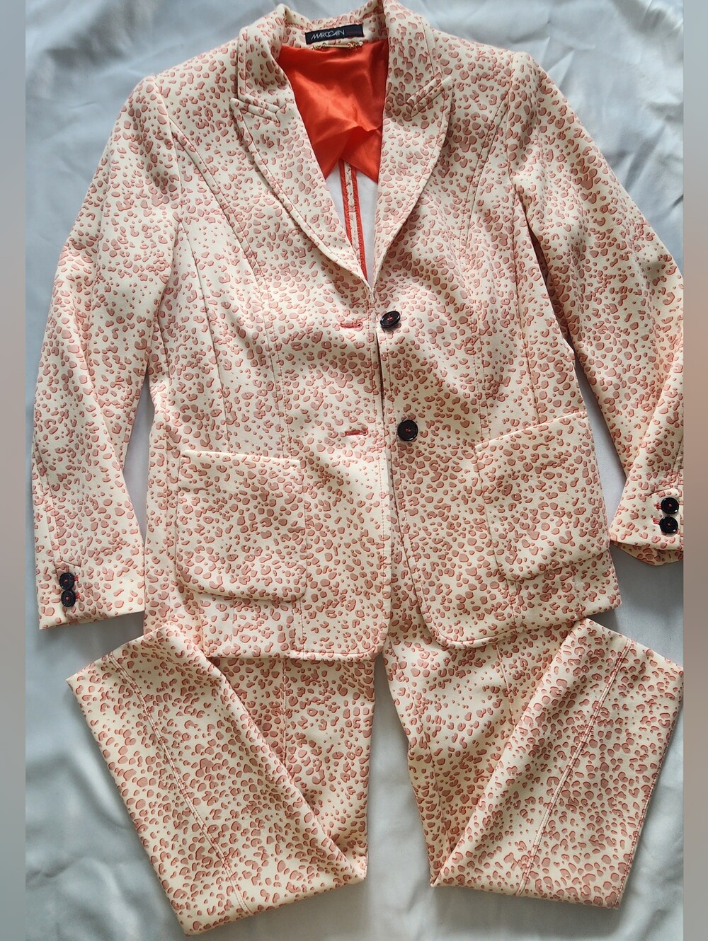 MARC CAIN Pink/Coral Leopard Print 2-Piece Pant Suit Blazer & Trousers Set